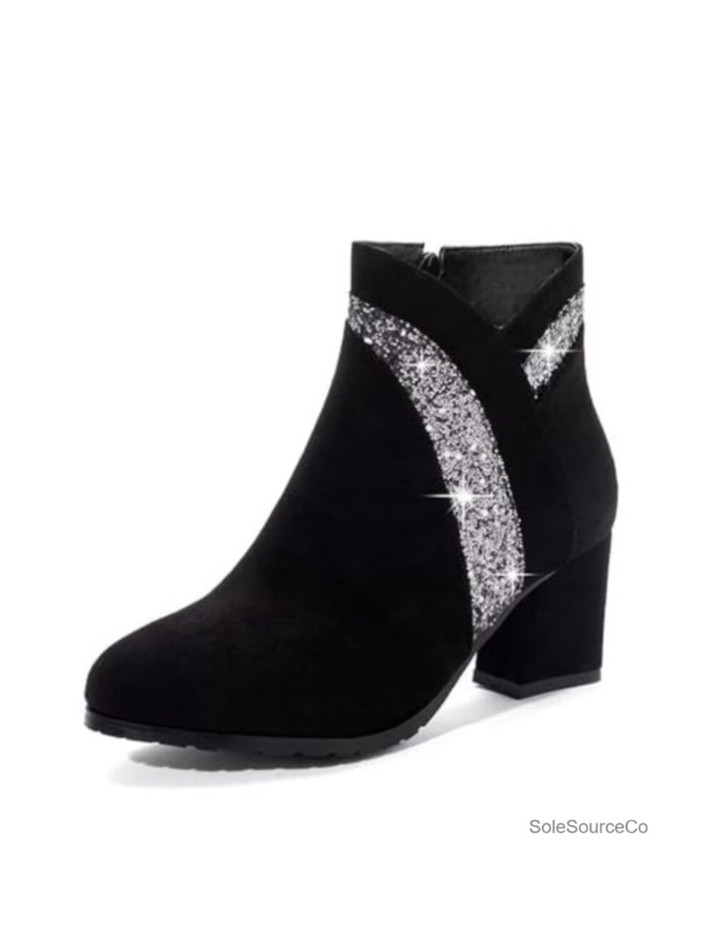 Side Zipper Bling Ankle Booties Chunky Heel Round Toe Dress Boots